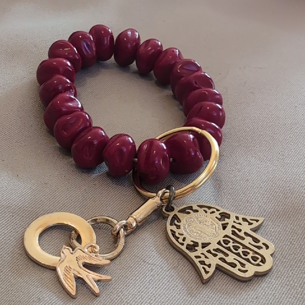 Upcycled Chic Gold And Red Beaded Bracelet With Charms And Keyring 18$